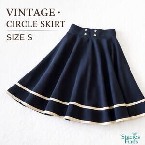 Vintage Navy Circle Skirt Full Pleated High Waist Sailor Buttons Size S